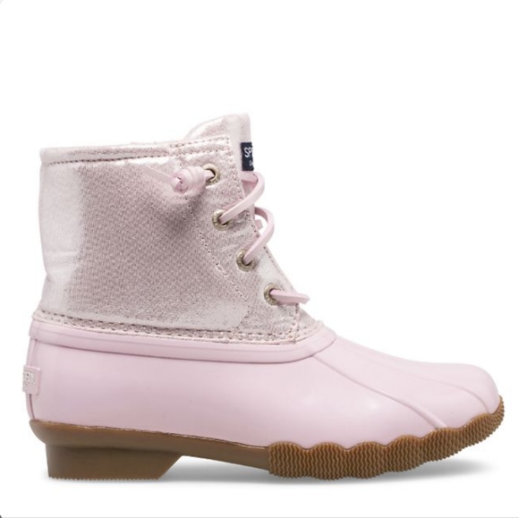 🩷 GUC Sperry Topsider Big Kid's Saltwater Baby Pink Metallic Duck Boots, 4M - Picture 1 of 16